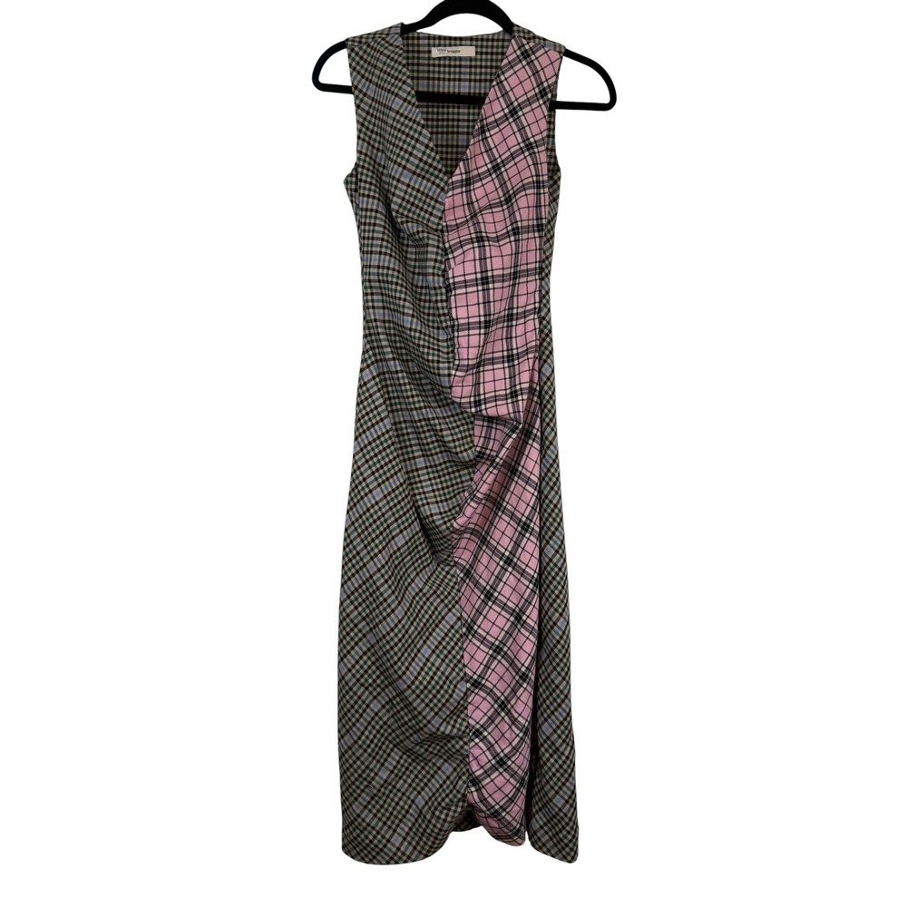 Brogger London Mixed Plaid Virgin Wool Sleeveless Midi Dress Pink Tan XS